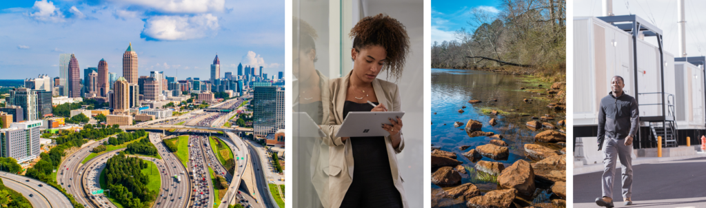 A collage of images showing people working in datacenters and Atlanta, Georgia
